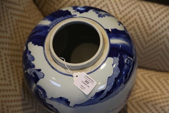 A large Chinese blue and white ovoid jar, in Kangxi style, 36.5cm.